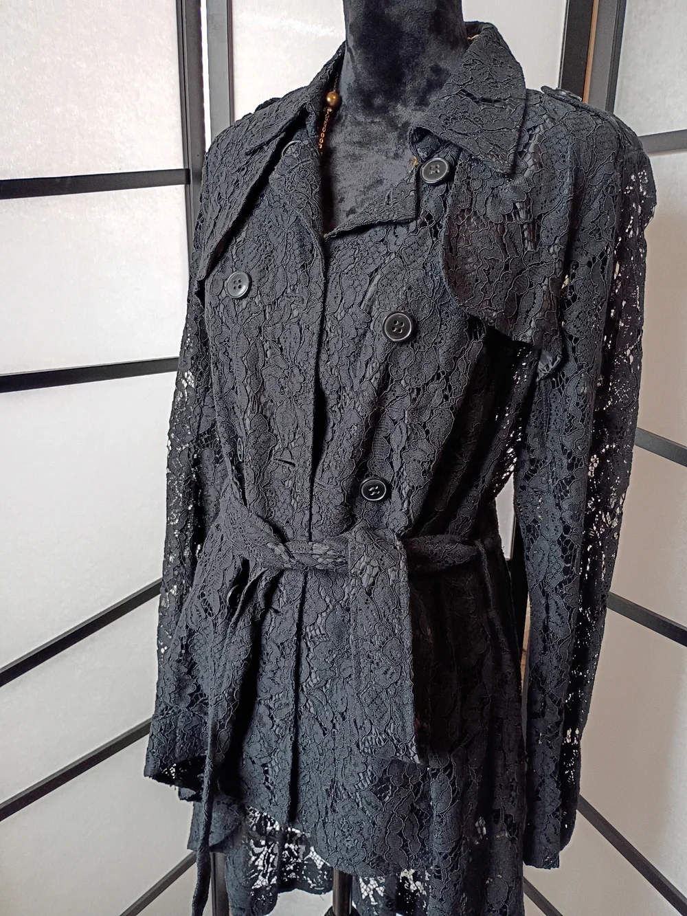 Black Lace Belted Trench Coat - Picture 3 of 8